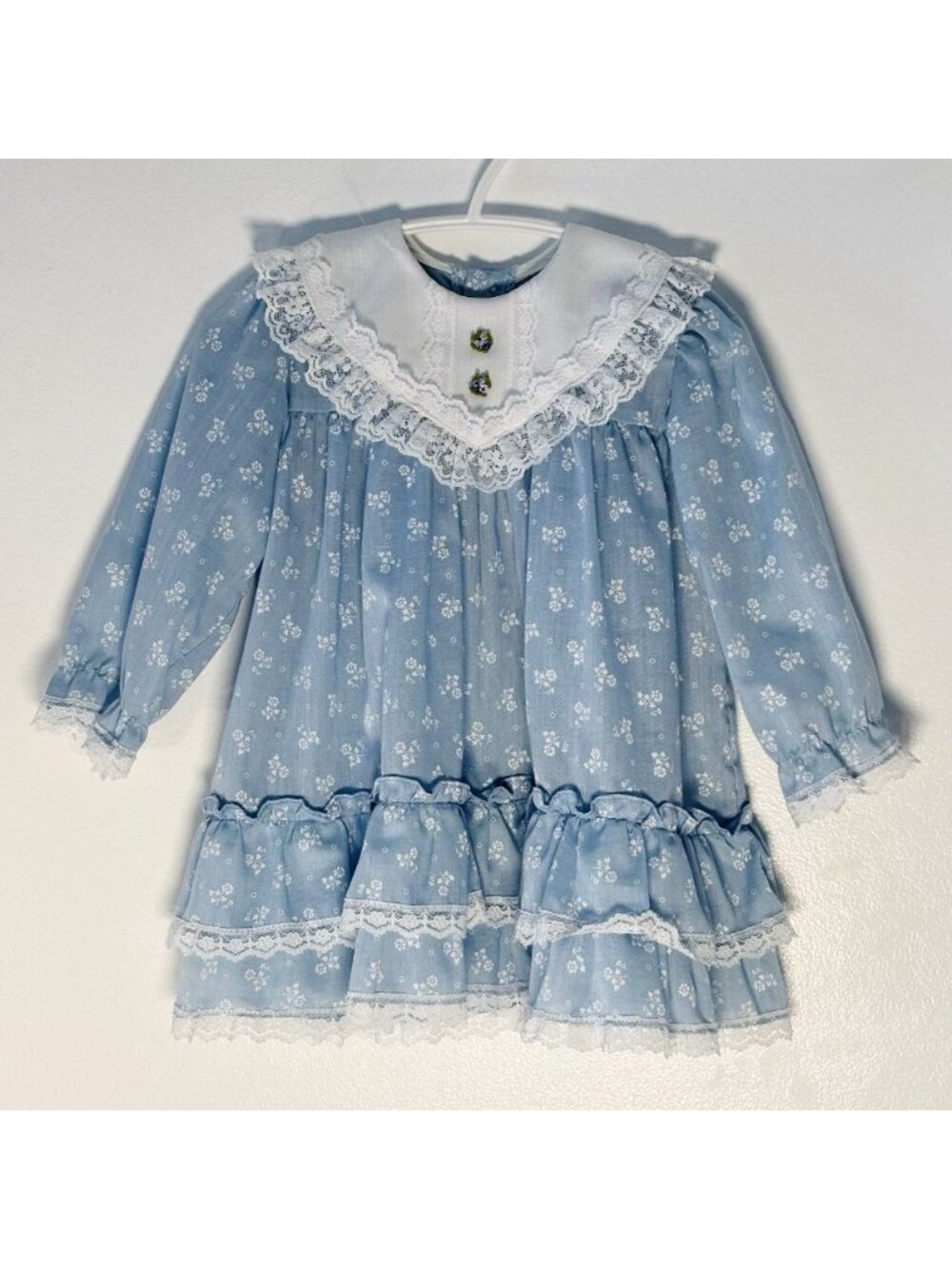 Vintage 80s Blue Floral Toddler Dress Lace Collar Prairie Ruffle Cottagecore 12M